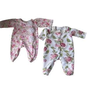 Laura Ashley Baby 3 Mth Floral Foot Sleepers Set 2 Ruffle Collar Bow Cottagecore